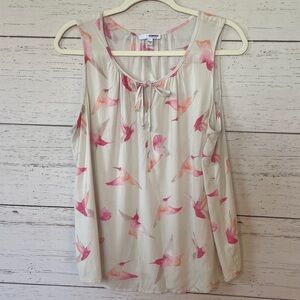 Sonoma Rayon Bird Patterned Cream Tank Top Blouse with Tie Front,size 1X